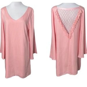 Traffic People Light Pink Bell Sleeve V-Neck Dress with Open Weave Tassels